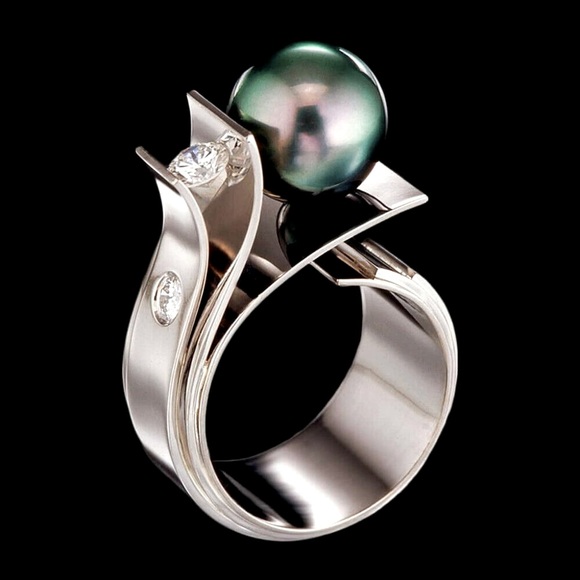 Jewelry - Abstract 915 Silver Cultured Black Pearl Sim. Diamond Ring